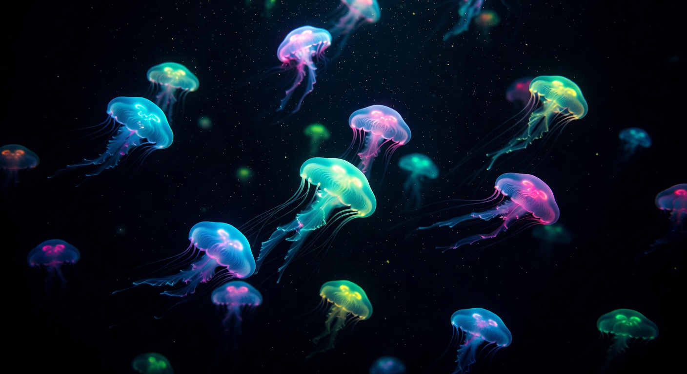 Neon glowing jellyfish in dark ocean
